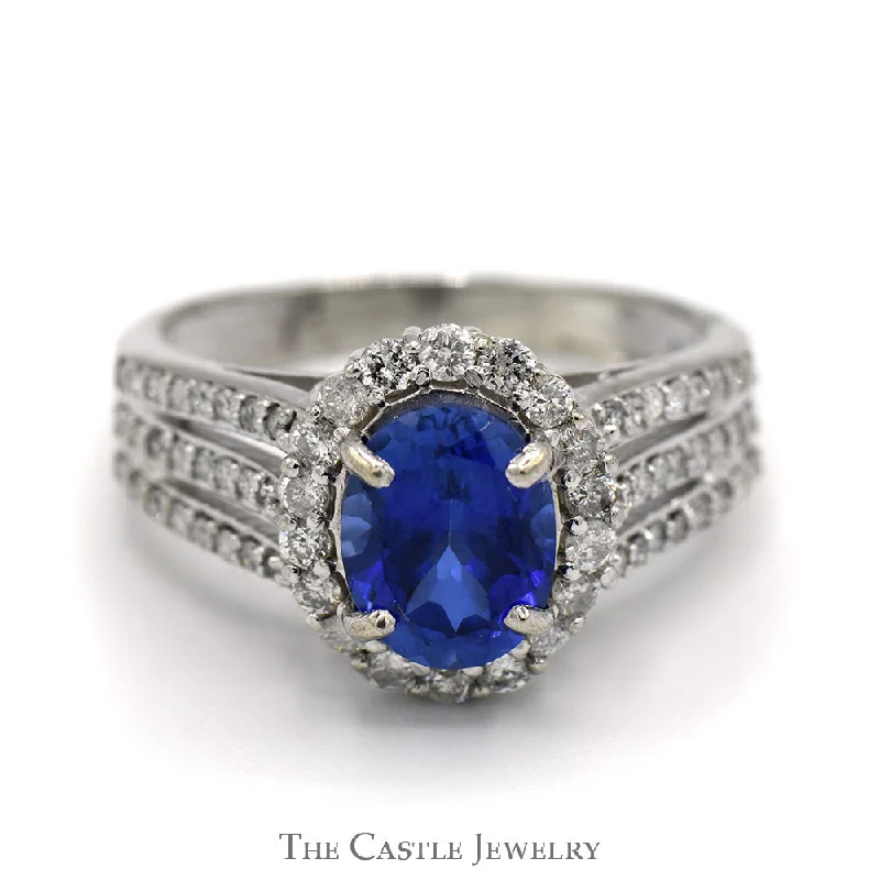 Custom Vintage Engagement Ring-Oval Cut Created Sapphire Ring with Diamond Halo and Accents in 14k White Gold