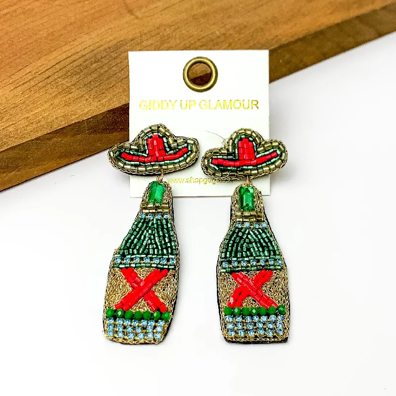 Modern Drop Earrings-Beaded Green Beer Bottle Earrings with Sombrero Studs