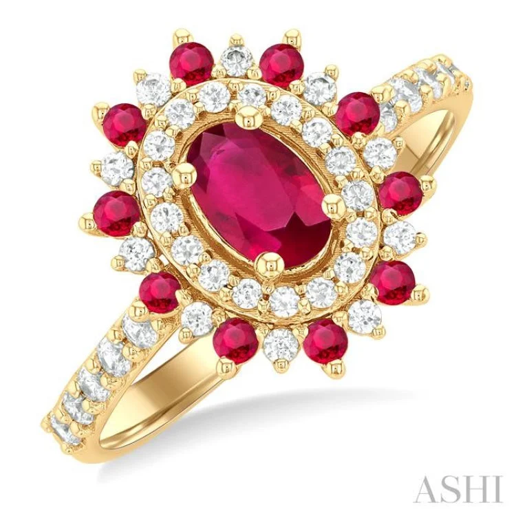 Custom Ring for Engagement-3/8 ctw Floral 6X4MM Oval & 1.5MM Round Cut Ruby and Round Cut Diamond Precious Ring in 14K Yellow Gold