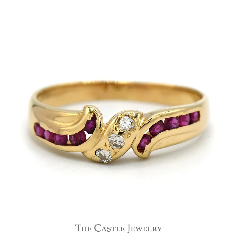 Platinum Wedding Ring-Triple Diamond Ring with Channel Set Ruby Sides in 14k Yellow Gold Bypass Band