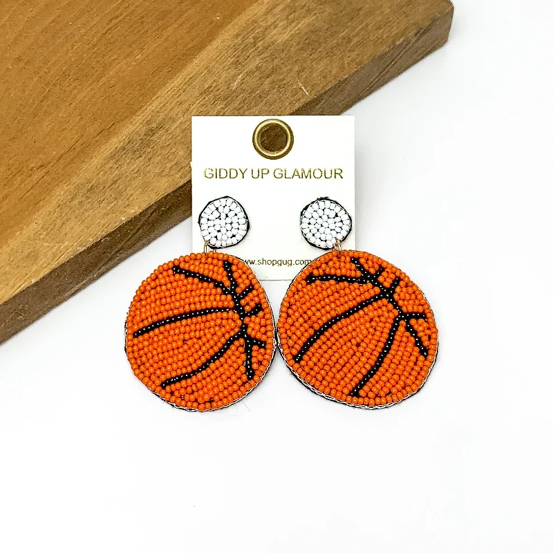 Simple Hoop Earrings for Brides-Basketball Circular Beaded Earrings in Orange