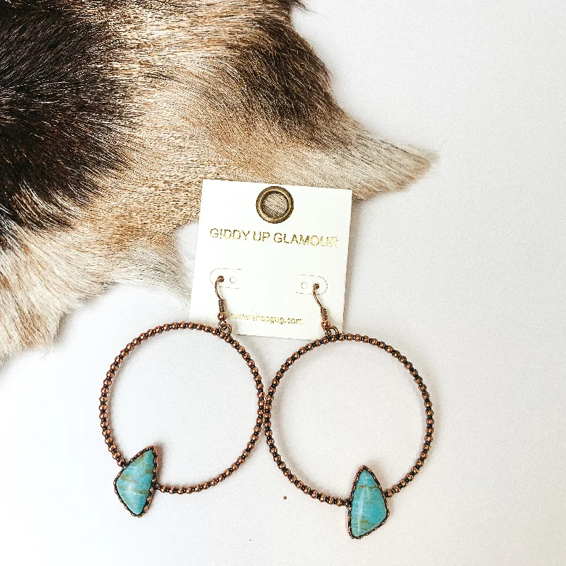 Luxury Drop Earrings-Copper Tone Textured Hoop Earrings with Turquoise Blue Stone