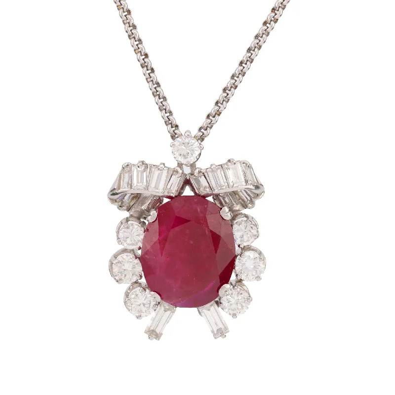 Bohemian Necklace with Stones-Mid Century 11.6 Carat Burma No Heat Ruby Diamond Platinum Necklace