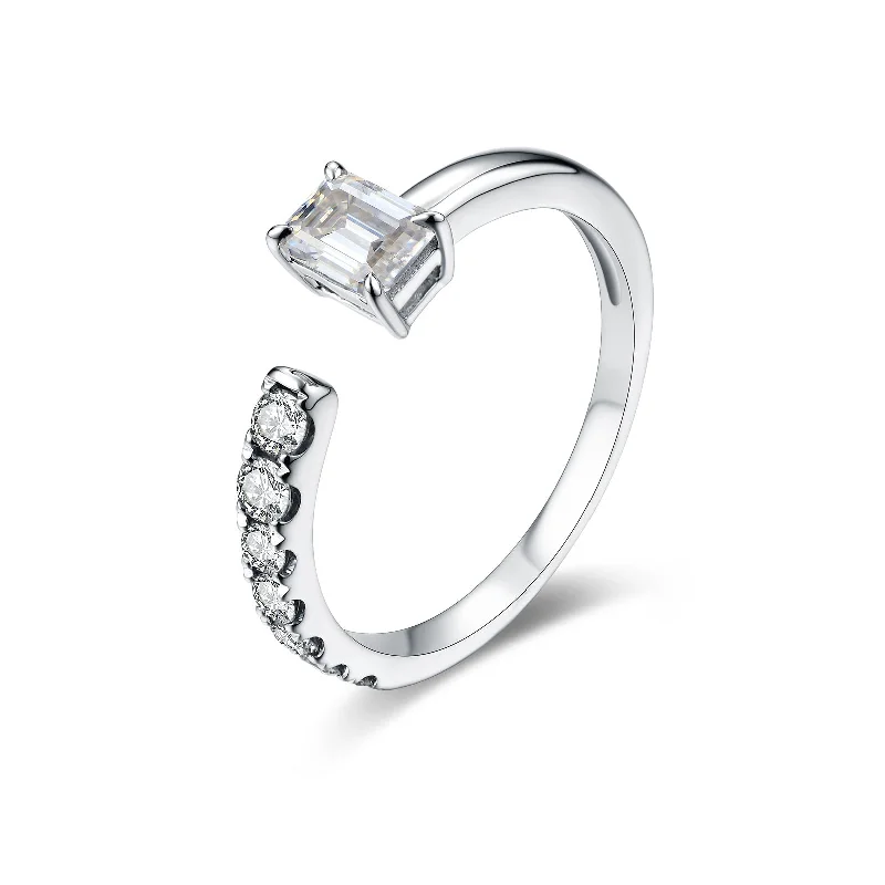 Silver Ring with Sapphire-Emerald Cut Designer Open Ring