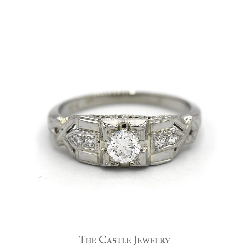 Stunning Wedding Ring Set for Women-Antique Style Round Diamond Ring with Diamond Accents in 18k White Gold