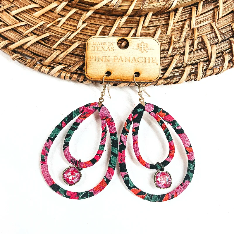 Handmade Silver Earrings-Pink Panache | Floral Print Layered Teardrop Earrings with Royal Red Delight Cushion Cut Charm