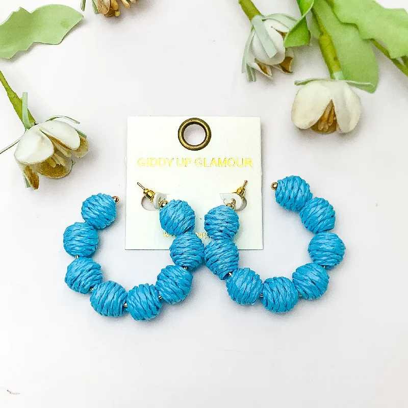 Butterfly Design Earrings-Sorbet Summer Raffia Ball Hoop Earrings in Blue