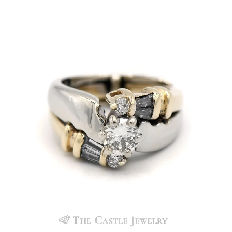 Luxury Engagement Ring Set-Two Toned Bridal Set with Baguette and Round Diamonds in 14KT