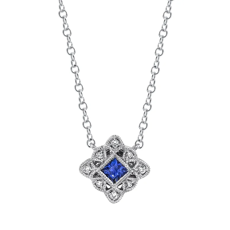 Elegant Necklace for Evening-14K White Gold 0.18ct. Sapphire & 0.04ct. Diamond Filigree Detailing Fashion Necklace