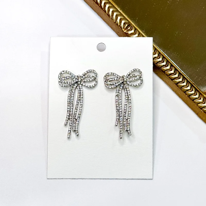 Silver Earrings for Bridesmaids-Radiant Ribbons Silver Tone Clear Rhinestone Bow Earrings