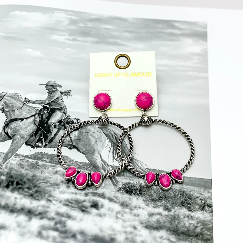 Round Hoop Earrings-Western Moment Silver Tone Hoop Earrings With Stones in Hot Pink