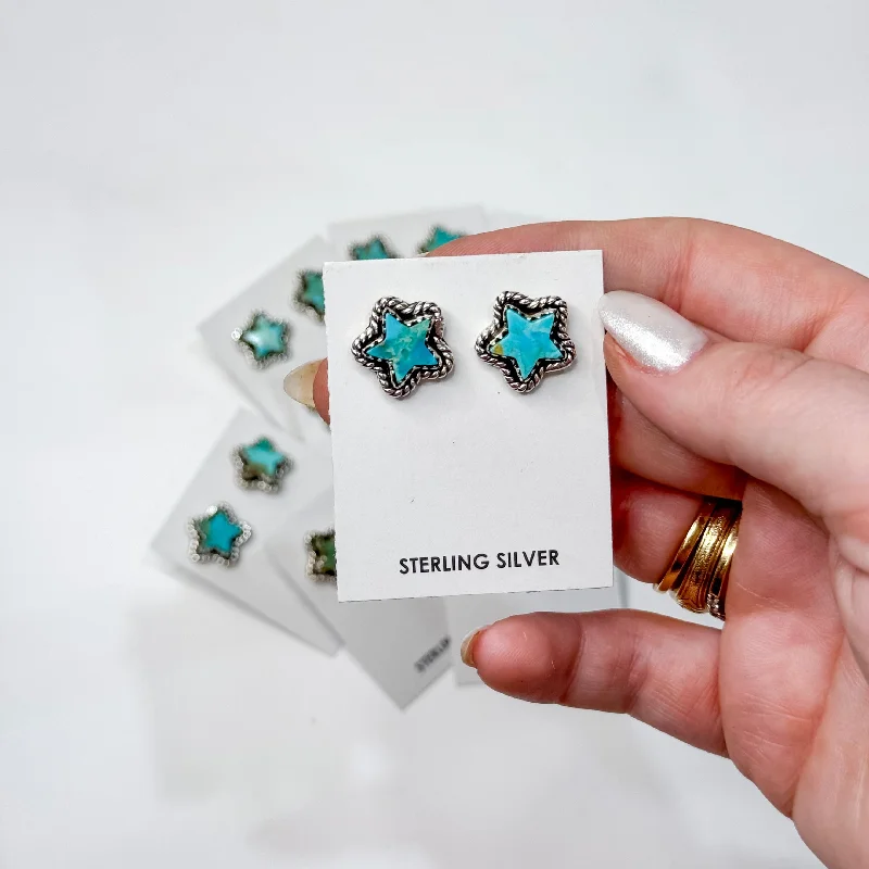 Wedding Earrings with Crystals-Hada Collection | Handmade Sterling Silver Star Shaped Stud Earrings with Kingman Turquoise Stones