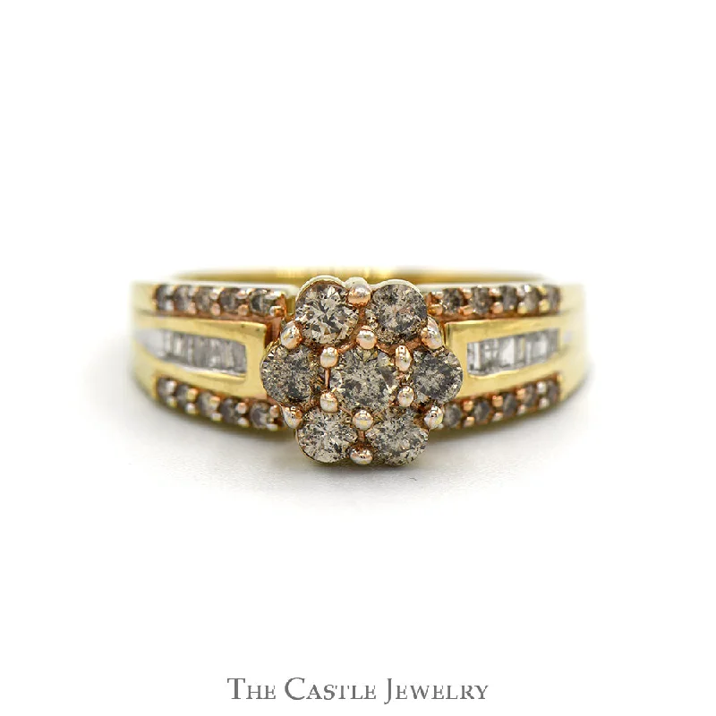 Simple Platinum Wedding Band-7 Round Champaign Diamond Cluster Ring with Diamond Accented Sides in 10k Yellow Gold