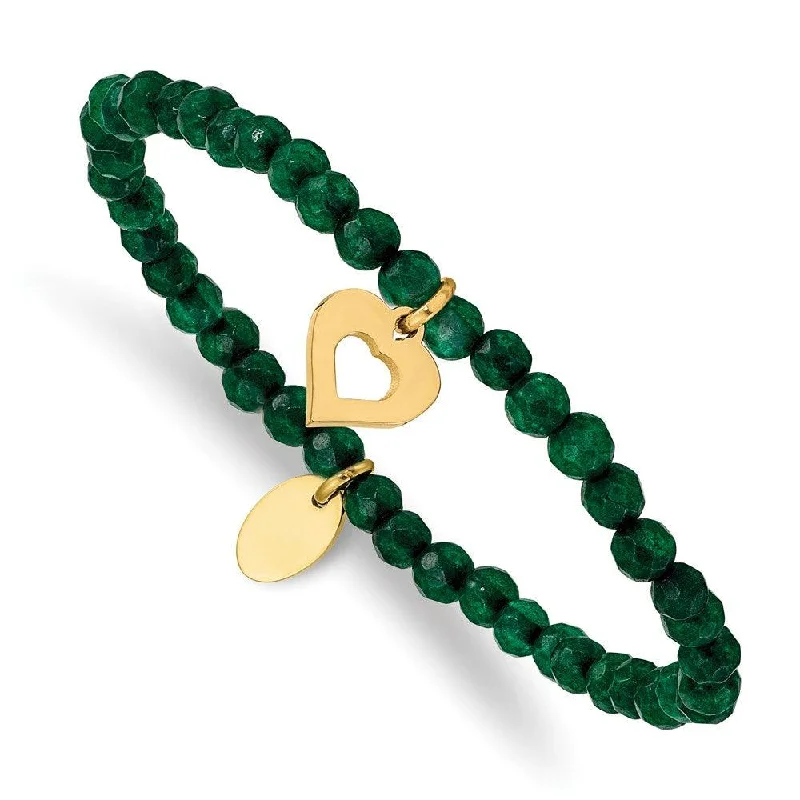 Women’s Custom Name Bracelet-Stainless Steel Polished Heart Yellow IP Green Jade Stretch Bracelet