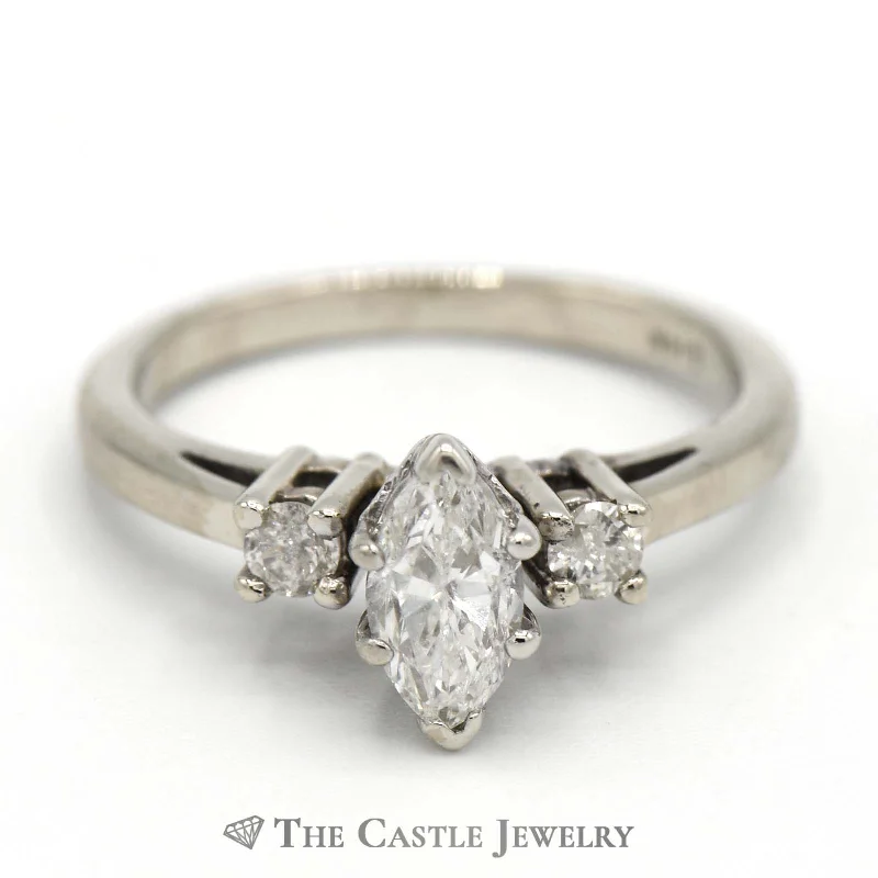 Vintage Diamond Engagement Ring-Elegant Marquise Diamond Engagement Ring with Round Diamond Accents in 14K White Gold