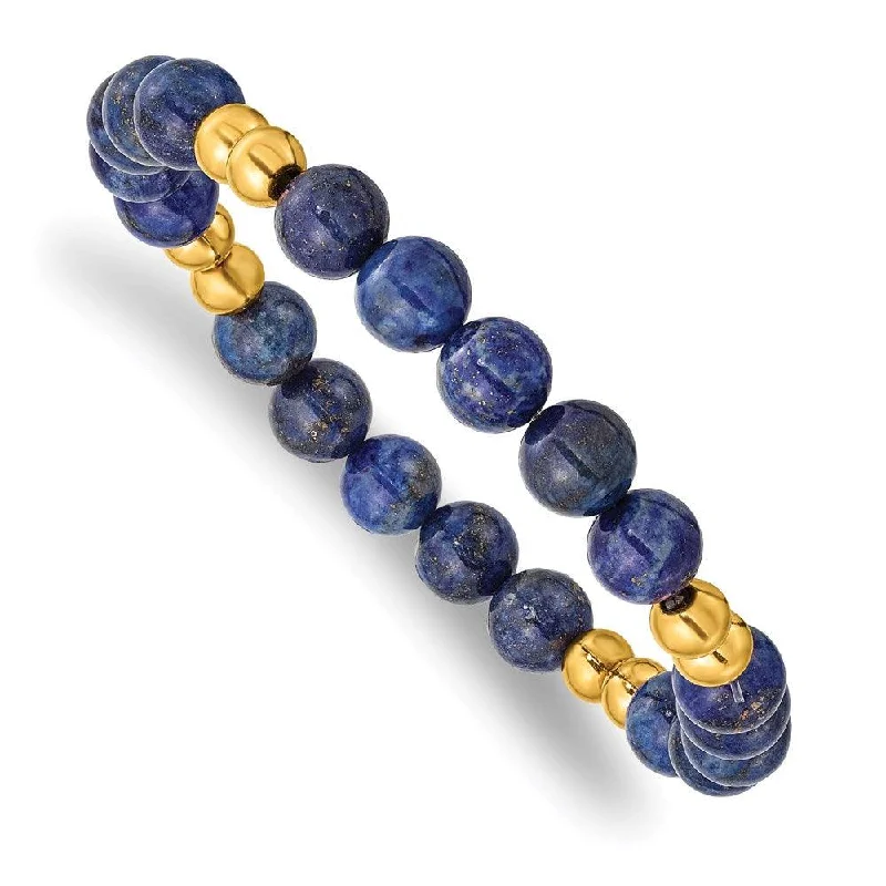 Custom Silver Bangle Bracelet-Stainless Steel Polished Yellow IP-plated w/Lapis Beaded Stretch Bracelet