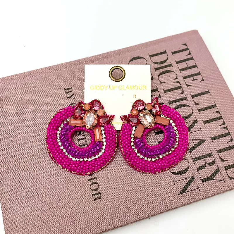 Classic Stud Earrings-Circle Beaded Post Earrings with Jeweled Detailing in Pink