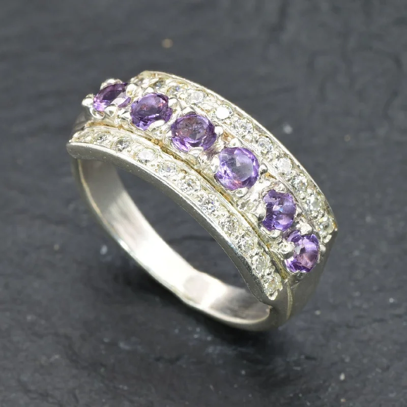 Gold Wedding Ring-Natural Amethyst Ring - Half Eternity Ring - Purple Vintage Ring