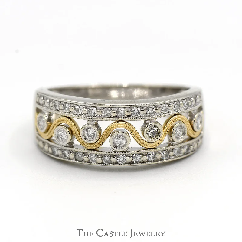 Customizable Engagement Ring-1/3cttw Diamond Band with Wavy Two Tone Design in 14k White and Yellow Gold