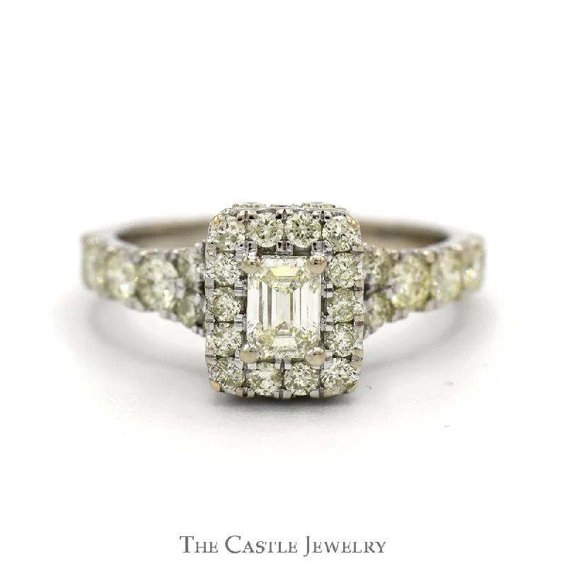 Stunning Platinum Engagement Ring-1.5cttw Emerald Cut Diamond Engagement Ring with Diamond Halo and Accented Sides in 14k White Gold