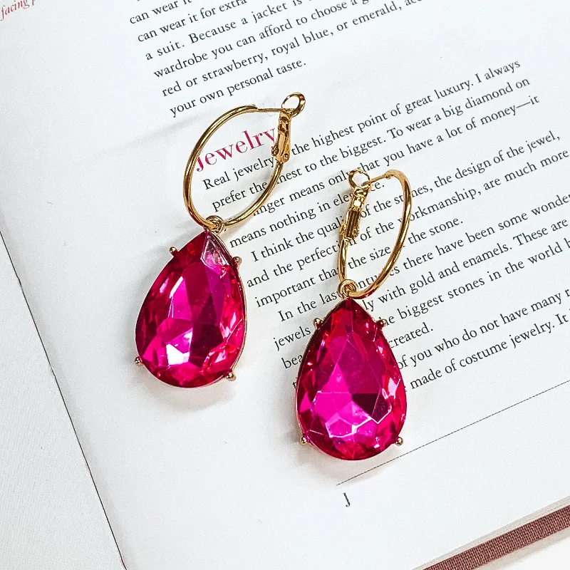 Round Hoop Earrings-Pink Panache | Small Gold Tone Hoop Earrings with Large Fuchsia Teardrop Crystals