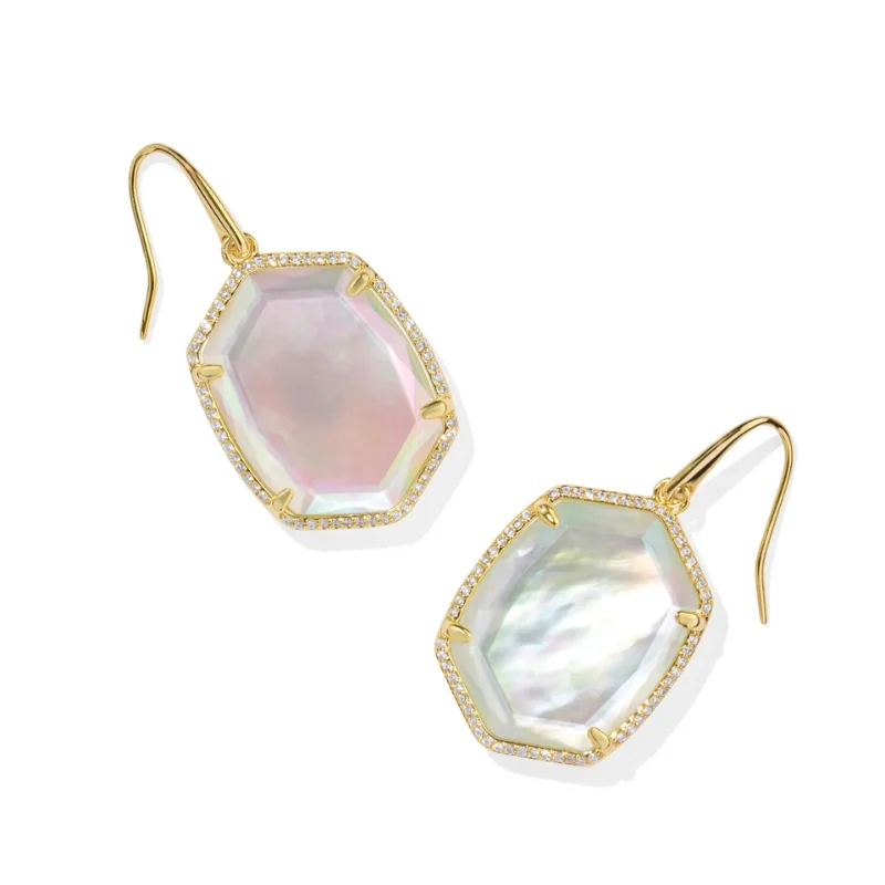 Simple Hoop Earrings-Kendra Scott | Daphne Pave Frame Gold Drop Earrings in Iridescent Ivory Illusion