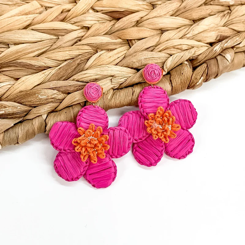 Modern Earrings for Teens-Oopsie Daisy Raffia Wrapped Flower Earrings in Hot Pink