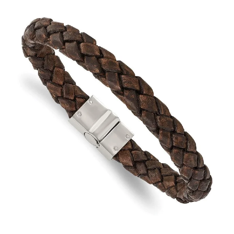 Luxury Customizable Leather Bracelet-Stainless Steel Polished Brown Woven Leather Bracelet