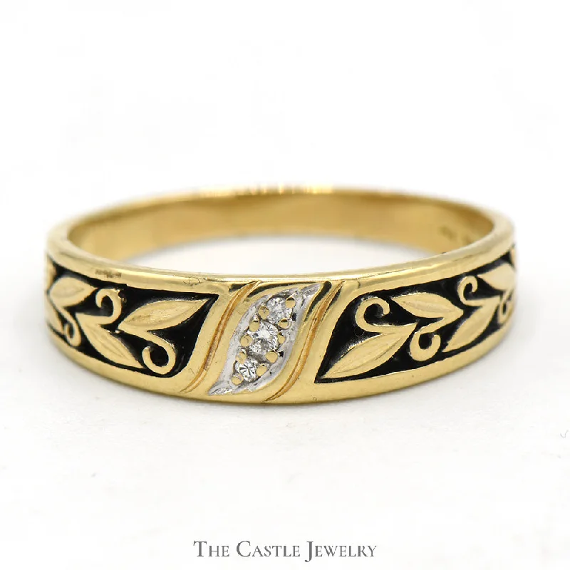 Customizable Birthstone Ring-Triple Diamond Band with Leaf and Black Enamel Design in 14k Yellow Gold