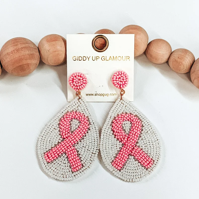 Designer Earrings for Women-Teardrop Seed Beaded Pink Ribbon Earrings in White