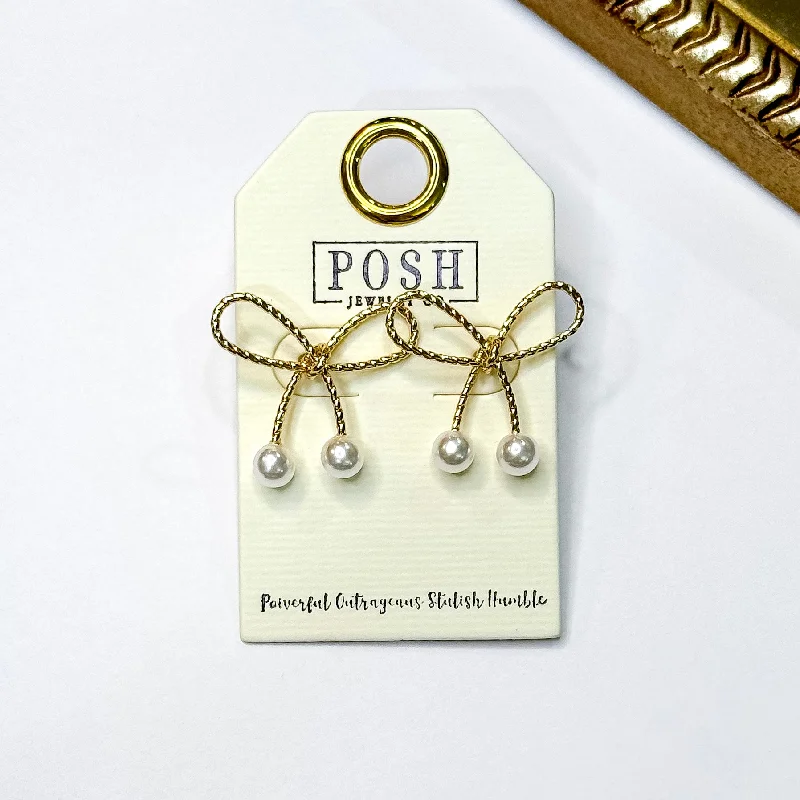 Fashionable Stud Earrings-Posh by Pink Panache | Pearl Pop Gold Tone Bow Earrings