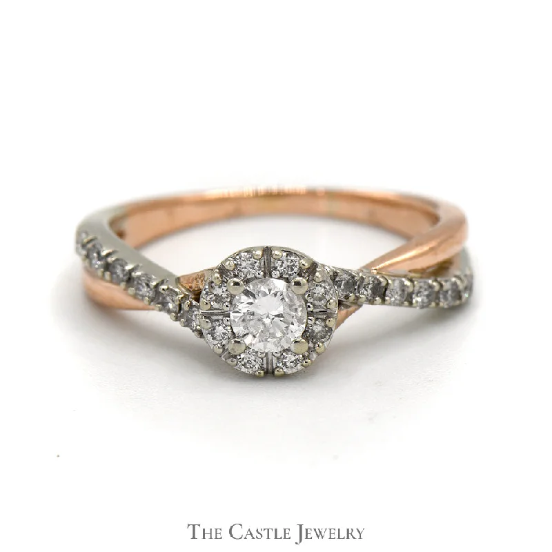 Trendy Wedding Rings-1/2cttw Diamond Ring with Halo and Accents in 10k Two Tone Rose and White Gold Twisted Setting