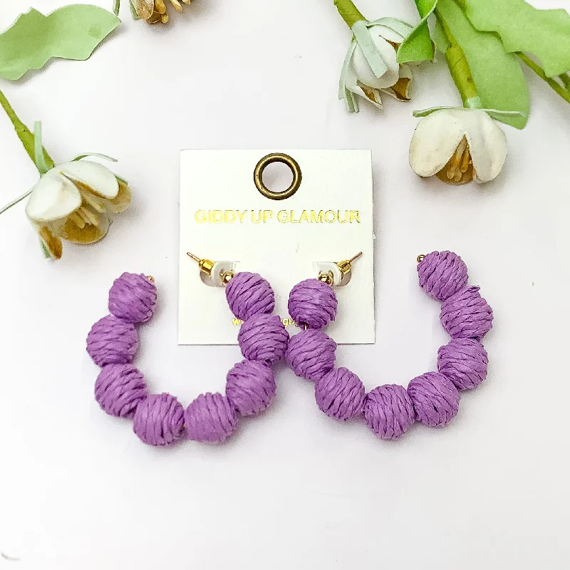 Modern Stud Earrings-Sorbet Summer Raffia Ball Hoop Earrings in Lavender Purple