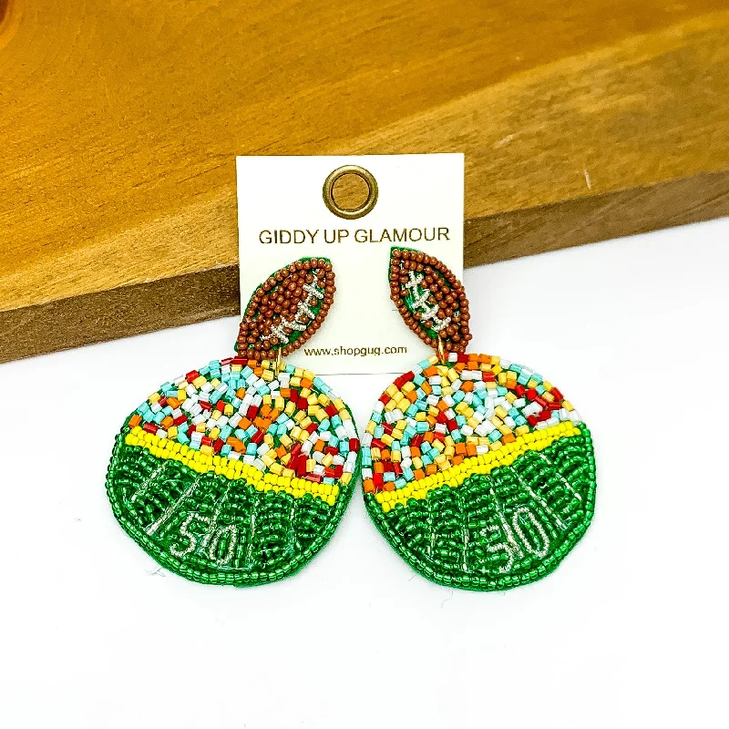 Luxury Drop Earrings for Weddings-Football Stadium Circular Post Beaded Earrings in Multicolor