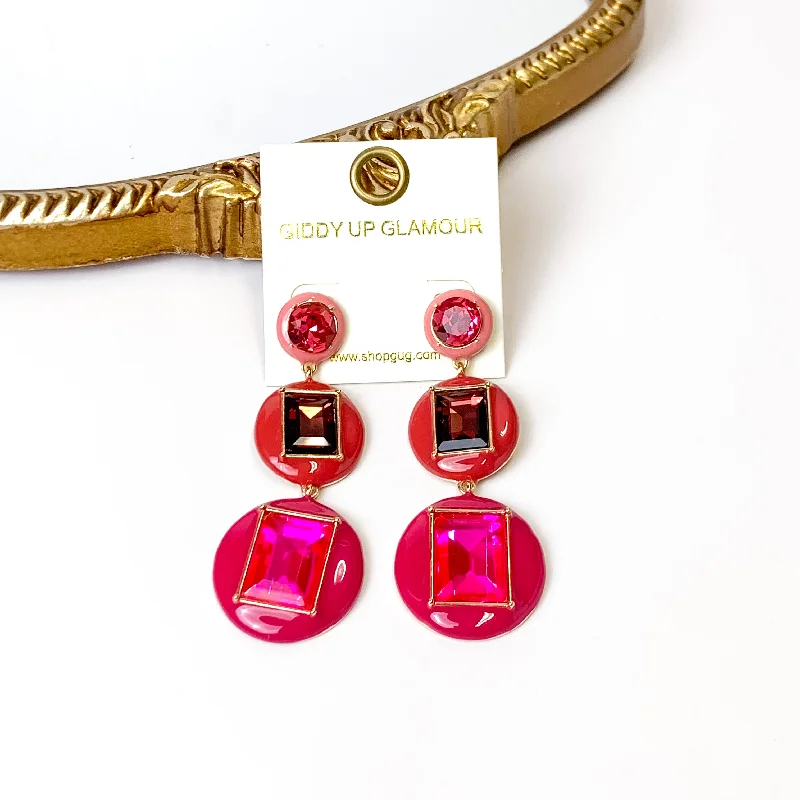 Large Drop Earrings-3 Tier Multicolor Enamel Framed Stone Drop Earrings in Fuchsia Pink