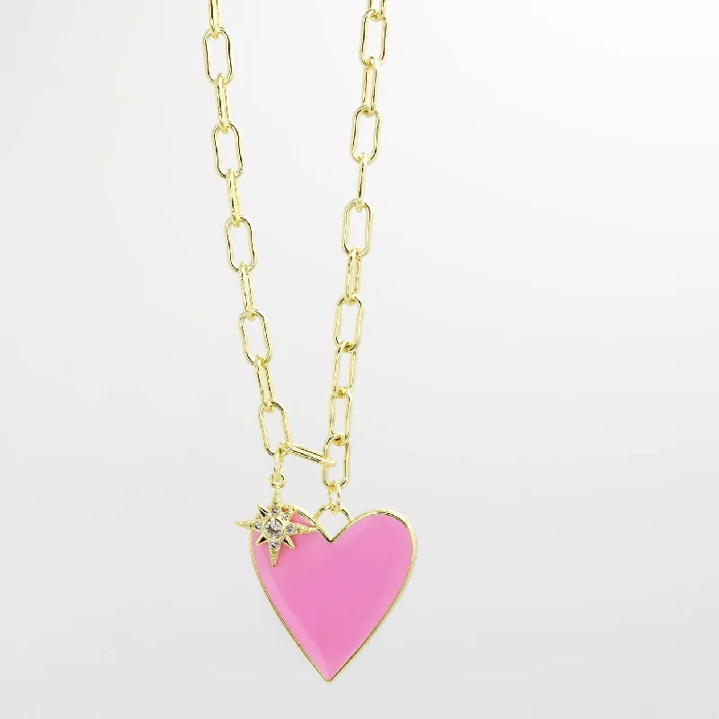 Gold Necklace with Emerald-Enamel Heart/Star Necklace Light Pink J10