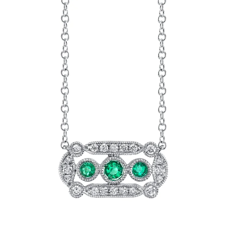 Double Chain Necklace-14K White Gold 0.21ct. Emerald & 0.14ct. Diamond Filigree Detailing Fashion Necklace