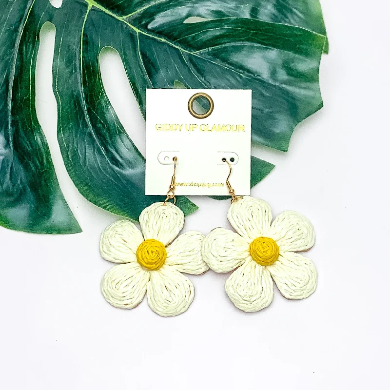 Long Chandelier Earrings-Darling Daisy Raffia Wrapped Flower Earrings in Ivory