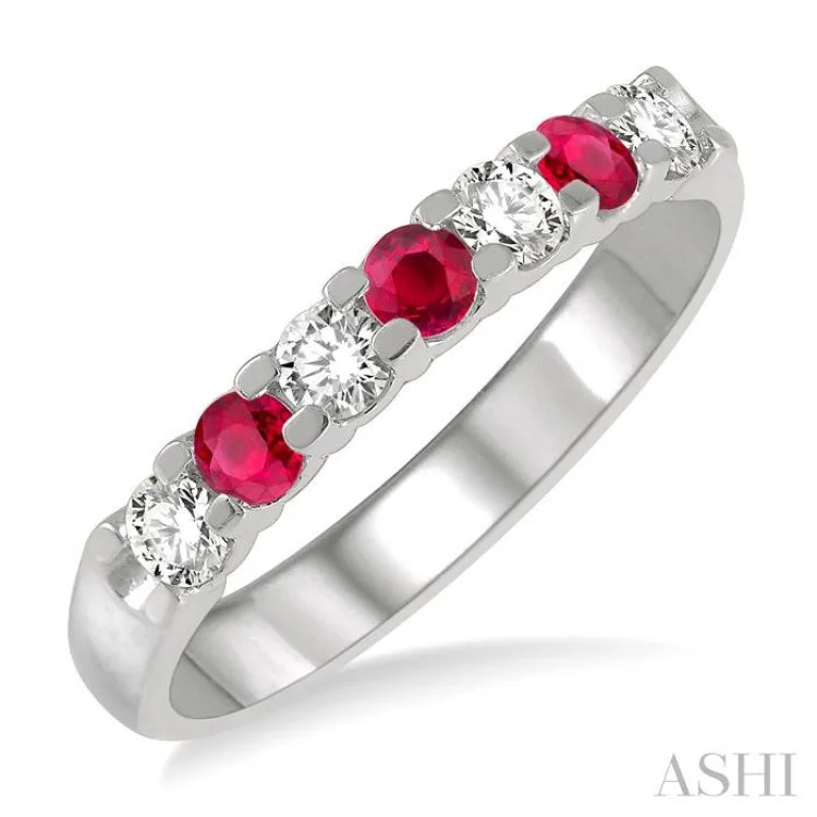 Custom Diamond Wedding Band-3/8 ctw Round Cut Diamond and 3MM Ruby Precious Wedding Band in 14K White Gold