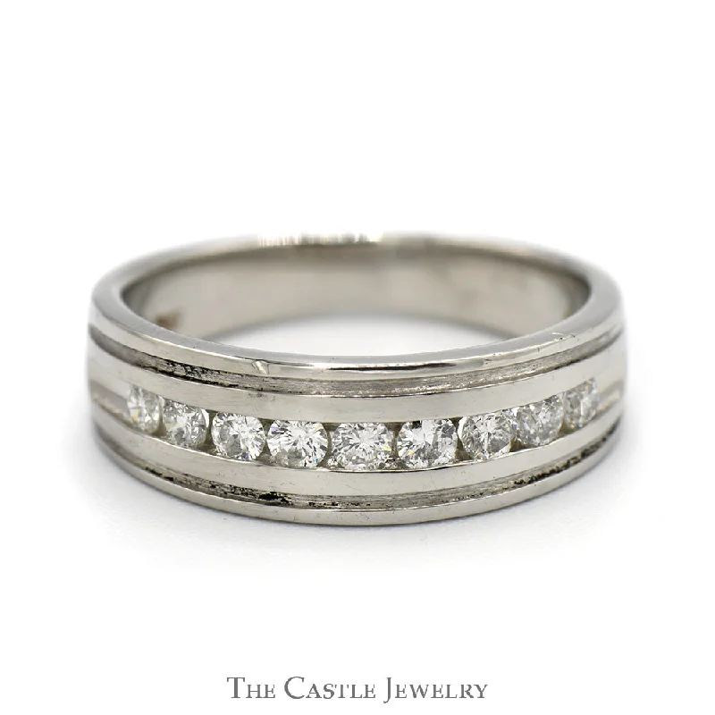 Wedding Band for Bride-Channel Set Diamond Wedding Band with Grooved Detail in Platinum