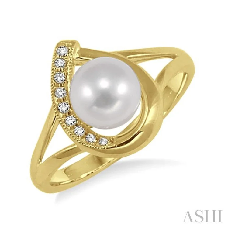 Gemstone Wedding Ring Set-6.5MM Cultured Pearl and 1/20 ctw Round Cut Diamond Ring in 10K Yellow Gold