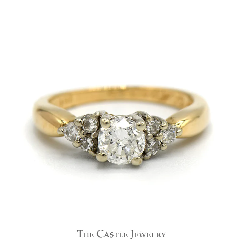 Bridal Engagement Ring-1.02cttw Round Diamond Engagement Ring with Triple Diamond Accented Sides in 14k Yellow Gold