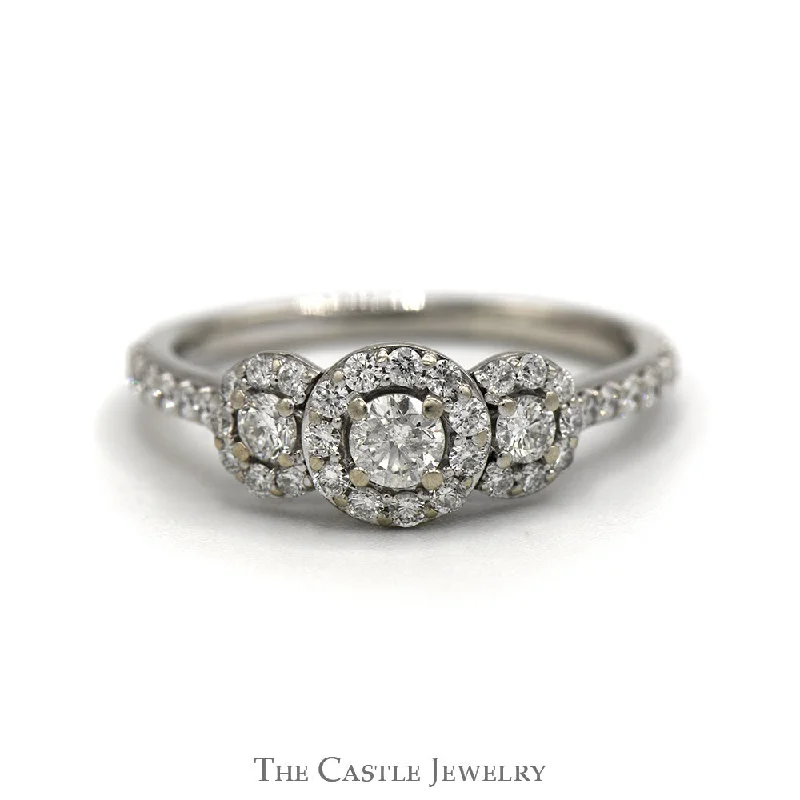 Simple Wedding Ring-Three Stone Diamond Ring with Diamond Halo and Accented Sides in 14k White Gold