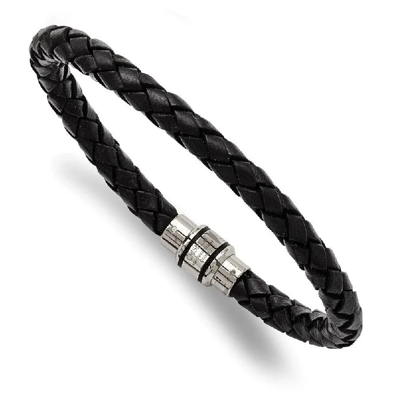 Custom Women’s Bracelet with Charms-Stainless Steel Polished Black IP-plated Black Woven Leather Bracelet