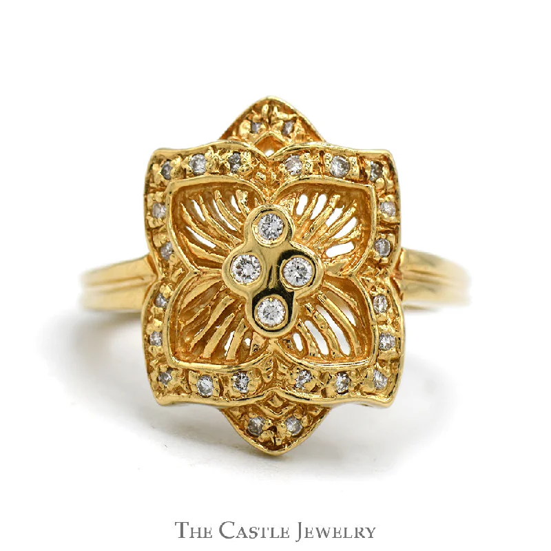 Gemstone Ring for Women-Flower Designed Shield Ring with Diamond Cluster & Accents in 14k Yellow Gold