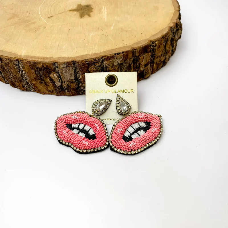 Gemstone Hoop Earrings-Seed Beaded Lip Post Earrings In Pink with Crystals