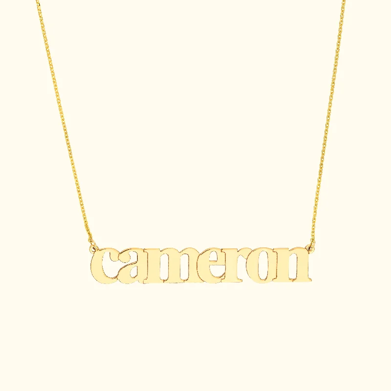 Long Gold Necklace-Sleek Typewriter Nameplate Necklace - 7mm Customizable