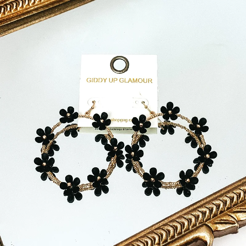 Diamond Stud Earrings-Breezy Blooms Gold Tone Circle Drop Earrings with Flower Charms in Black