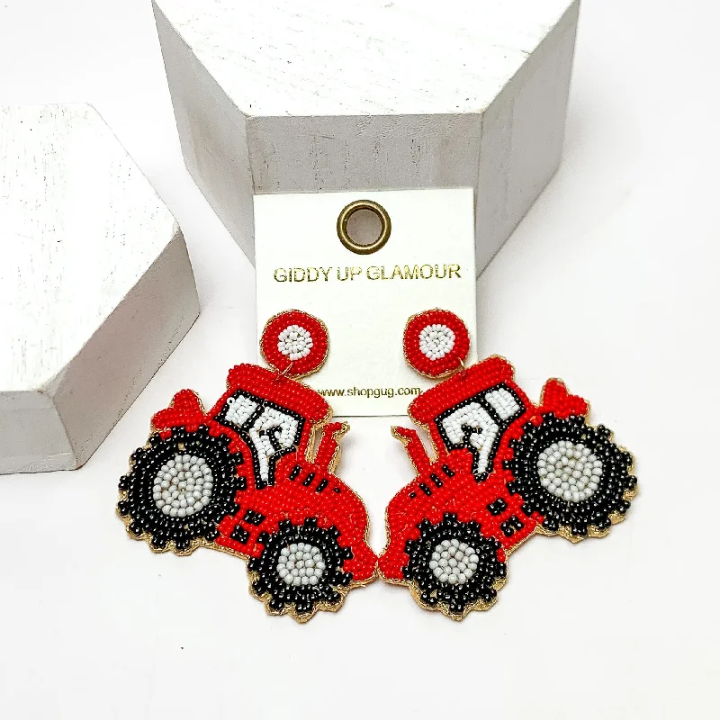 Chic Pearl Earrings-Beaded Tractor Post Back Earrings in Red