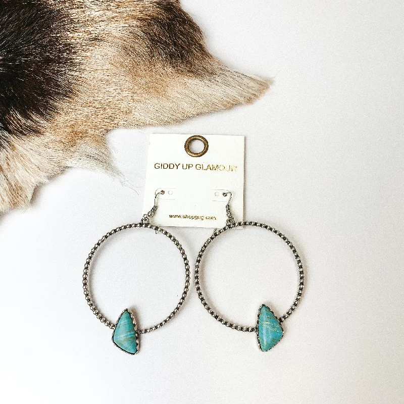 Handmade Silver Earrings-Silver Tone Textured Hoop Earrings with Turquoise Blue Stone